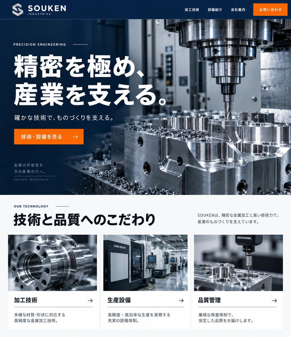濃紺の配色と金属加工設備の写真を使った、BtoB製造業のホームページ制作イメージ
